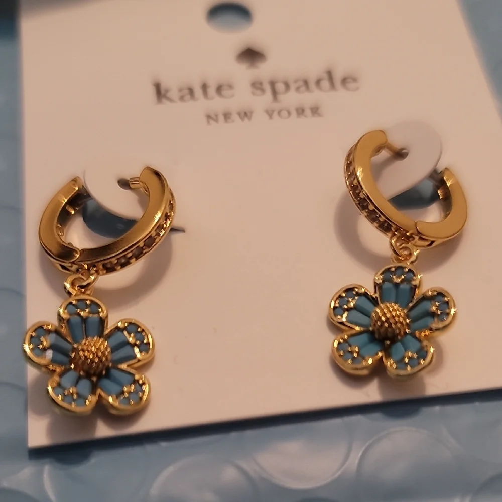 Kate Spade Blue Fleurette Huggie Hoop Drop Earrings - Picture 4 of 5